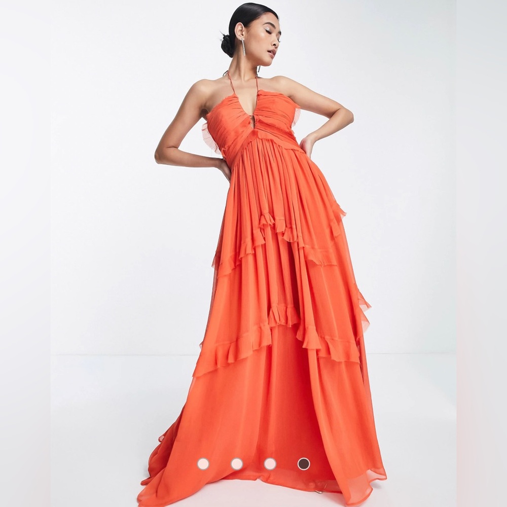 NWT ASOS DESIGN halter neck key hole detail tiered maxi dress in orange